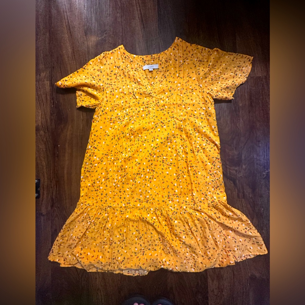 LOFT Orange Swiss Dot Floral Flowy V Neck Dress -S